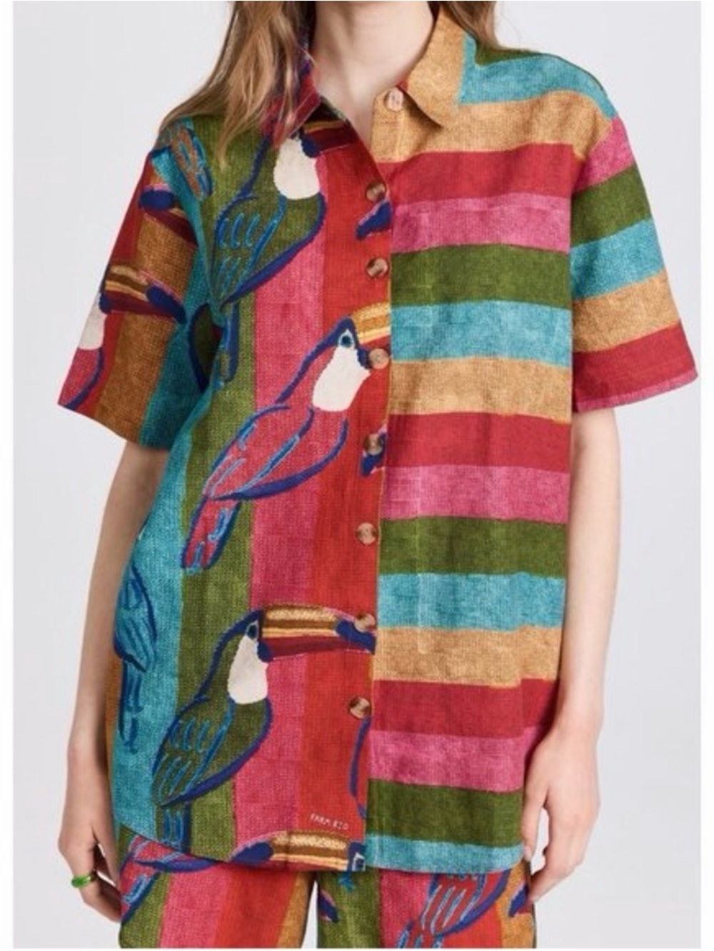 Farm Rio multi color parrot striped button up shirt